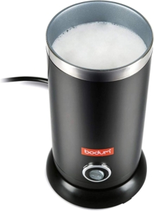 Best Budget Milk Frothers (2026): 7 Cheap Foam-Makers That Actually Work 6 Bodum Bistro black electric milk frother on a kitchen counter